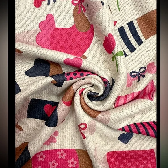 Ivory cream valentine heart dog dachshund knit graphic bubble sleeve sweater - Picture 3 of 5